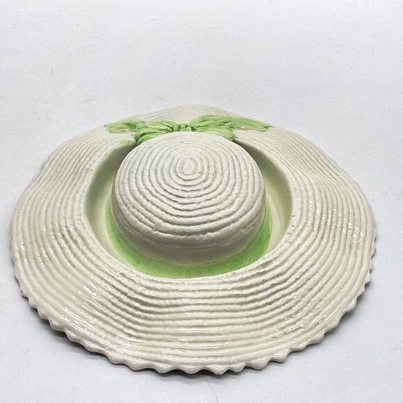 Vtg White Straw Hat Ceramic Green Bow Decor Ring Ashtray Vanity 9.5" Italy 485/8 - Picture 3 of 8